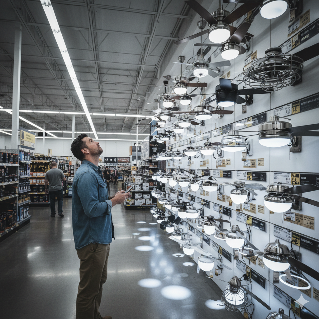 person comparing ceiling fans in hardware store, multiple fan models on display, bright store lighting