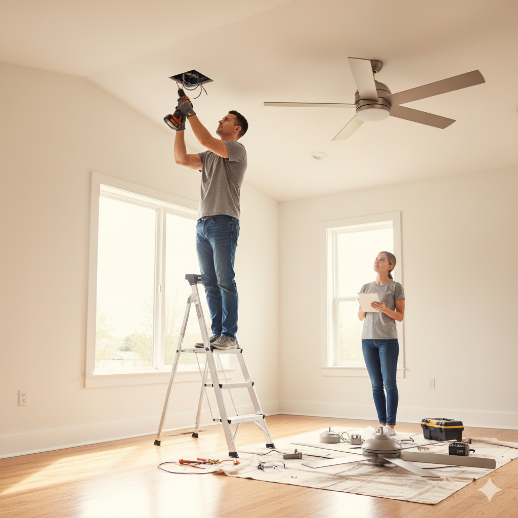 person installing ceiling fan on ceiling, step by step DIY home improvement, bright room